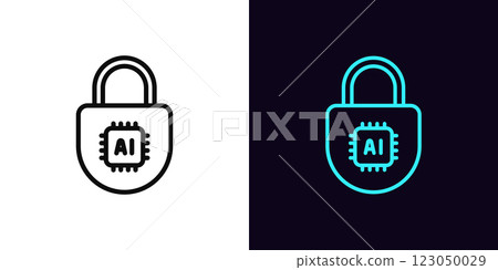 Outline AI security icon, with editable stroke. Digital lock with AI chip, cybersecurity control with AI algorithms. Artificial intelligence in data protection system, private safety. Vector icon 123050029