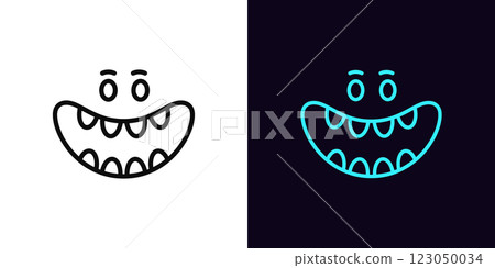 Outline laugh mouth icon, with editable stroke. Cartoon monster face with laughing mouth, haha expression. Laughter emoticon, crazy smile, funny joke, comic emoji, monster giggle. Vector icon Outline laugh mouth icon, with editable stroke. Cartoon monster face with laughing mouth, haha expression. Laughter emoticon, crazy smile, funny joke, comic emoji, monster giggle. Vector icon 123050034