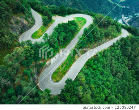 Aerial view of mountain curvy road and green forest in summer 123050247