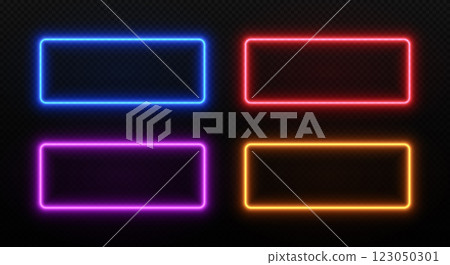 Light neon rectangle frame. Glow LED border. Vector set of laser templates for design isolated on dark transparent background. 123050301