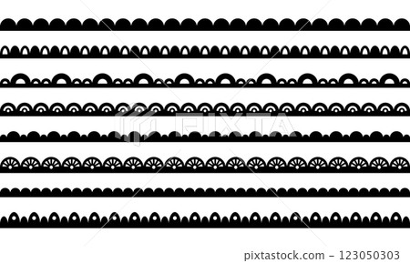 Scallop fabric border. Lace fabric edge for frame design. Set of vector line art ornaments isolated on white background. 123050303