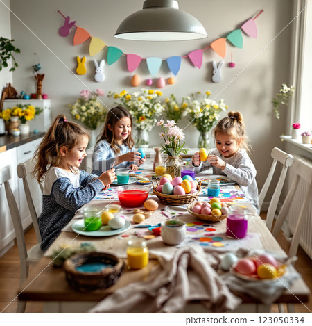 Children Joyfully Decorating Easter Eggs at a Festive Table in a Bright, Welcoming Room Filled With Spring Flowers 123050334