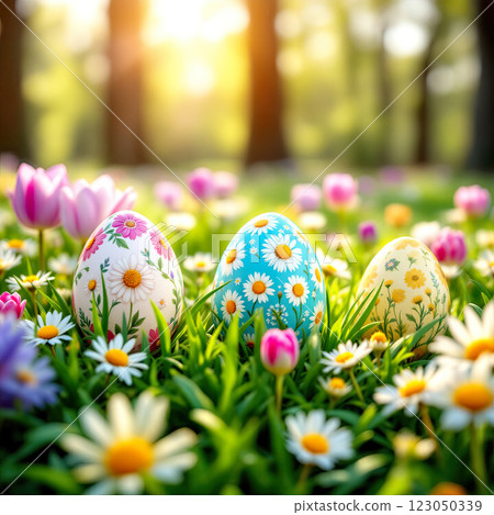 Colorful Decorated Eggs in a Sunny Garden Filled With Blooming Flowers During Springtime Celebration 123050339