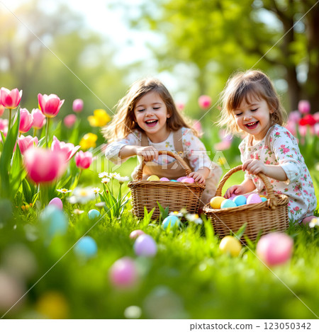 Children Enjoy a Joyful Easter Egg Hunt Among Blooming Tulips in a Vibrant Garden During Springtime 123050342