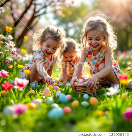 Children Enjoying an Outdoor Easter Egg Hunt in a Vibrant Spring Garden Filled With Flowers and Colorful Eggs 123050343