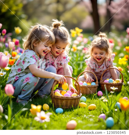 Three Young Girls Joyfully Collecting Colorful Easter Eggs in a Blooming Garden Filled With Flowers During Springtime 123050345
