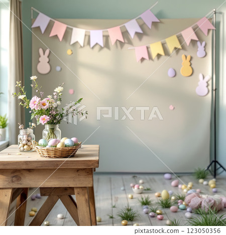 Festive Spring Decoration With Pastel Colors and Easter-themed Decor in a Bright Room Setting 123050356
