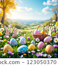 Colorful Easter Eggs and Playful Bunnies in a Vibrant Spring Meadow Filled With Flowers and Sunshine 123050370