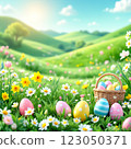Colorful Easter Eggs Arranged in a Lush Green Field With Flowers Under a Bright Sunny Sky 123050371