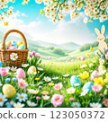 Colorful Easter Egg Hunt in a Blooming Meadow With a Basket and a Cute Bunny 123050372