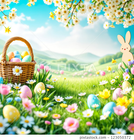 Colorful Easter Egg Hunt in a Blooming Meadow With a Basket and a Cute Bunny 123050372