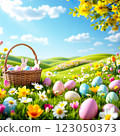 Colorful Easter Eggs and a Basket Decorated With Bunnies in a Vibrant Spring Meadow 123050373