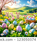 Colorful Easter Egg Hunt in a Vibrant Meadow With Bunnies and Blooming Flowers Under a Clear Sky 123050374