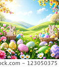Easter Celebration in a Vibrant Meadow With Colorful Eggs and Adorable Bunnies Under a Sunny Sky 123050375