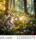 Easter Bunny in a Vibrant Forest Surrounded by Colorful Eggs and Blooming Flowers 123050379