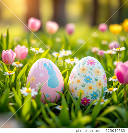 Colorful Easter Eggs Nestled in a Blooming Spring Garden With Tulips and Daisies 123050383