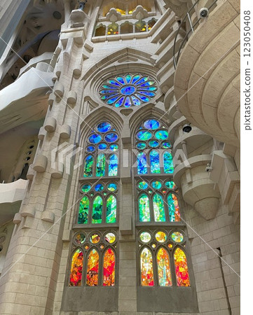 Vibrant stained glass of the Sagrada Familia Vibrant stained glass of the Sagrada Familia 123050408