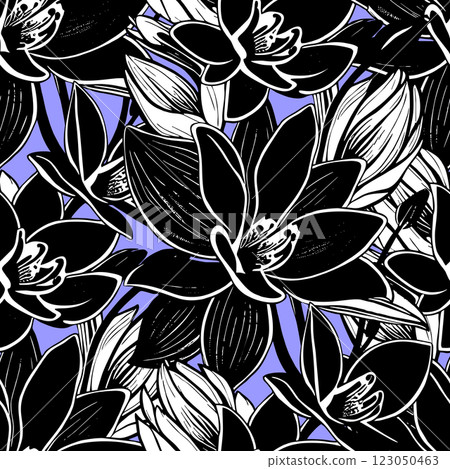 seamless black and white graphic pattern of large lily flowers on a blue background, texture, design 123050463