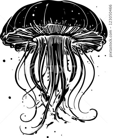black graphic drawing of a large jellyfish on a white background, isolated element, decor black graphic drawing of a large jellyfish on a white background, isolated element, decor 123050466