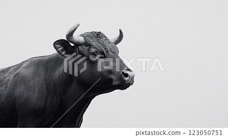Black bull staring intensely with bright background in black and white 123050751