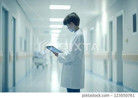 Young doctor using digital tablet in hospital corridor 123050761