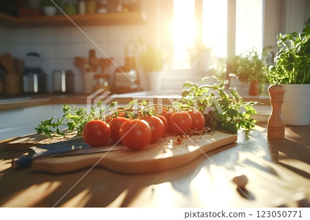 Cherry tomatoes and basil resting on cutting board in sunlit kitchen 123050771