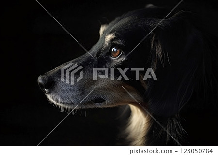 Saluki dog gazing into the darkness with hopeful eyes 123050784