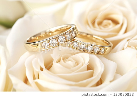 Two golden wedding rings with diamonds resting on white roses 123050838