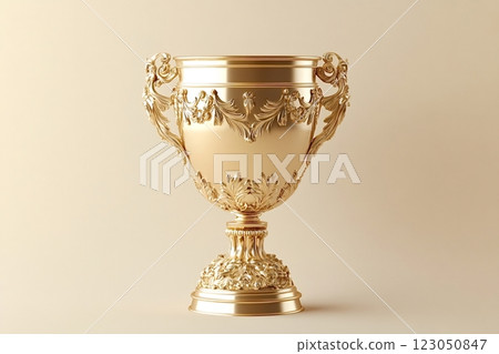 Golden trophy standing on light brown background representing victory and succes 123050847