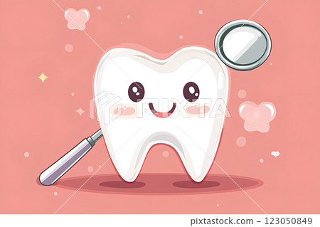 Happy tooth with dental mirror and probe smiling on pink background 123050849