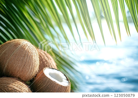 Fresh coconuts hanging from palm tree on tropical beach Fresh coconuts hanging from palm tree on tropical beach 123050879