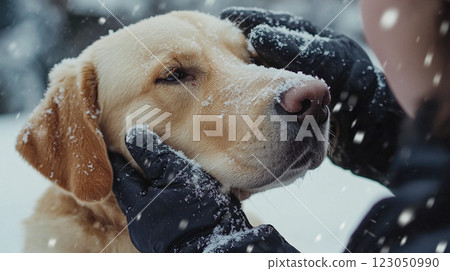 Person wearing black gloves strokes Labrador dog muzzle outside on a snowy cold winter day Caring for pets and homeless animals in shelters Rescue dog This is AI-generated item 123050990