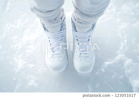 Ice skater wearing white ice skates standing on frozen lake 123051017