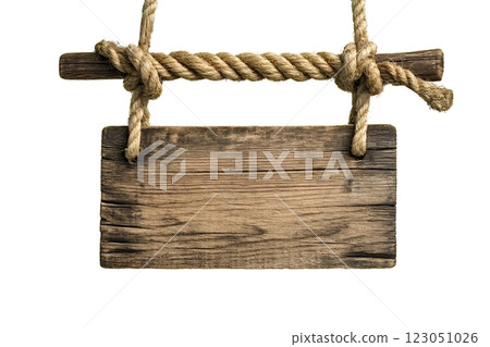 Old wooden sign hanging with rope on white background 123051026