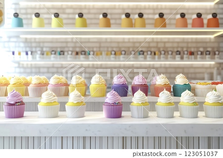 Colorful cupcakes displayed on a counter in a pastry shop Colorful cupcakes displayed on a counter in a pastry shop 123051037