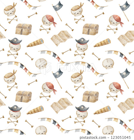 Watercolor pattern pirate attributes skulls, bones, chest, map, flag, garland, spyglass. Hand drawn illustration. Endless print on white background for fabric, textile, packaging, clothes, wallpaper 123051045
