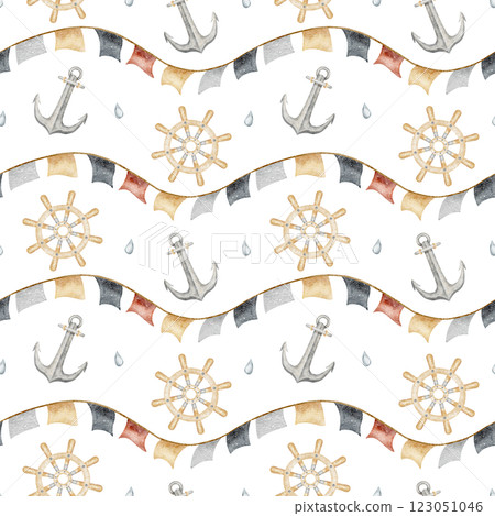 Watercolor pattern anchor, steering wheel, flags, garland, drops. Hand drawn illustration in sea pirate style. Isolated for design of fabric, textile, packaging, clothes, wallpaper, bathroom, nursery 123051046