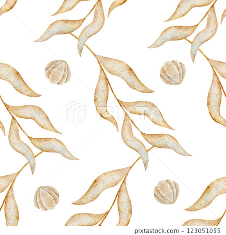 Watercolor pattern rhythmic seaweed, branches, shells. Hand-drawn illustration in marine style. Seamless summer print white background fabric, textile, packaging, clothes, wallpaper, clothing, summer Watercolor pattern rhythmic seaweed, branches, shells. Hand-drawn illustration in marine style. Seamless summer print white background fabric, textile, packaging, clothes, wallpaper, clothing, summer 123051055