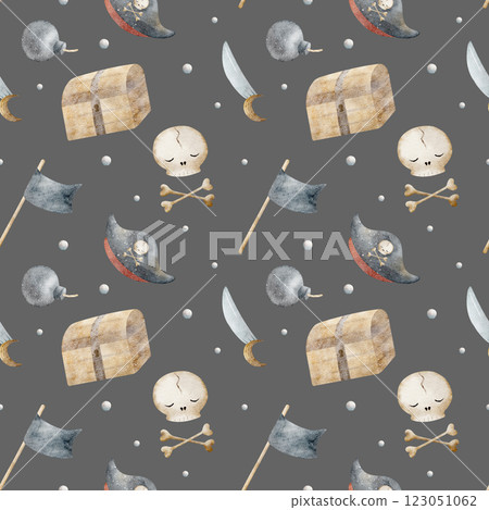 Watercolor pattern pirates skull, bones, flags, bubbles. Hand drawn illustration marine style. Print on gray background for design of fabric, textile, packaging, clothes, wallpaper, bathroom, nursery 123051062