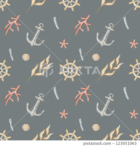 Watercolor pattern anchor, steering wheel in shells, seaweed, corals. Hand-drawn illustration in marine style. Endless print on gray blue background for fabric, textile, packaging, clothes, wallpaper 123051063