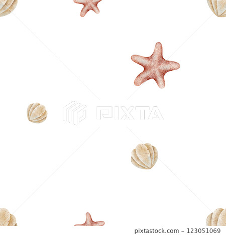 Watercolor pattern seashells, starfish. Illustration hand drawn in marine style in pastel beige red colors. Seamless print on white background fabric, textile, packaging, clothes, wallpaper, clothing Watercolor pattern seashells, starfish. Illustration hand drawn in marine style in pastel beige red colors. Seamless print on white background fabric, textile, packaging, clothes, wallpaper, clothing 123051069