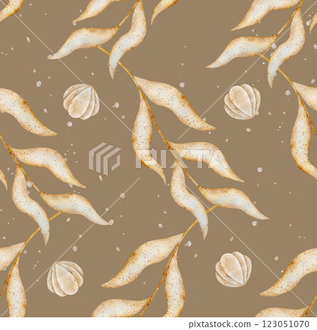 Watercolor pattern rhythmic seaweed, branches, shells. Hand-drawn illustration in marine style. Seamless summer print on beige, brown background fabric, textile, packaging, clothes, wallpaper clothing Watercolor pattern rhythmic seaweed, branches, shells. Hand-drawn illustration in marine style. Seamless summer print on beige, brown background fabric, textile, packaging, clothes, wallpaper clothing 123051070