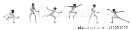 Creative collage. Fencer lunging, striking, defending in intense duel sequence against white studio background. Creative collage. Fencer lunging, striking, defending in intense duel sequence against white studio background. 123051095