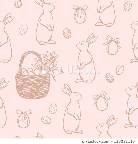 Seamless pattern with Easter bunny, basket and eggs in pastel pink colors Seamless pattern with Easter bunny, basket and eggs in pastel pink colors 123051110