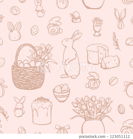 Seamless pattern with Easter elements in pastel pink colors Seamless pattern with Easter elements in pastel pink colors 123051112