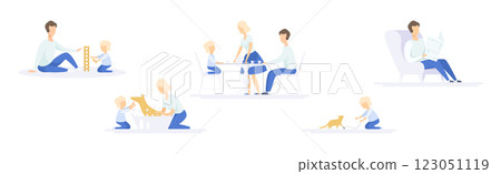 Parent with Little Kid Engaged in Different Activity at Home Vector Set 123051119