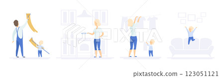 Parent with Little Kid Engaged in Different Activity at Home Vector Set 123051121
