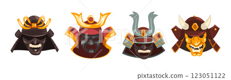 Japanese Samurai Mask and Head Cover Vector Set 123051122