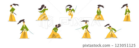 Man Samurai Character in Kimono with Katana Vector Set 123051125