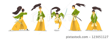 Man Samurai Character in Kimono with Katana Vector Set 123051127